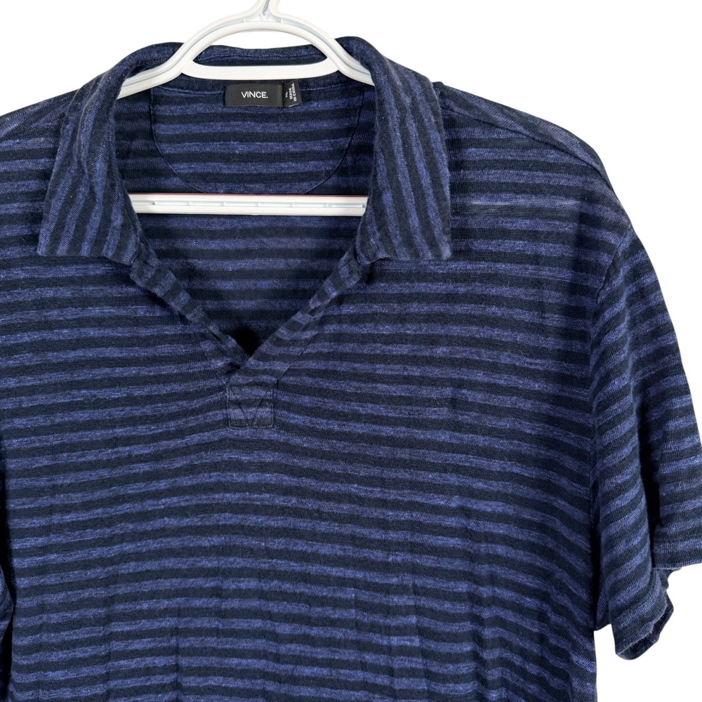 Vince Polo Shirt Mens XL Blue Striped V-Neck Slub Knit Casual Luxury